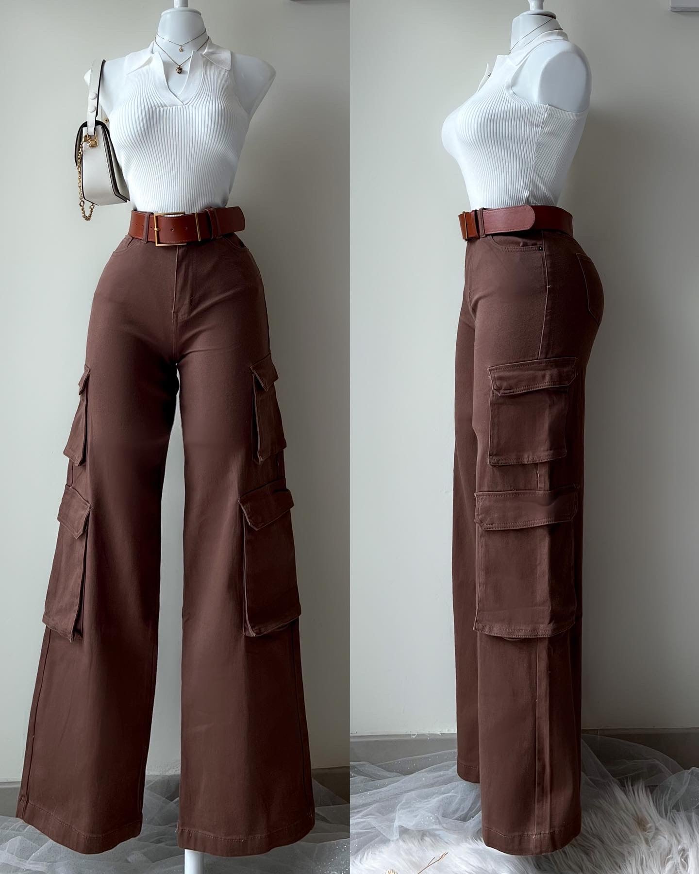 PANTALÓN CARGO MEZCLILLA CAFÉ TIRO ALTO