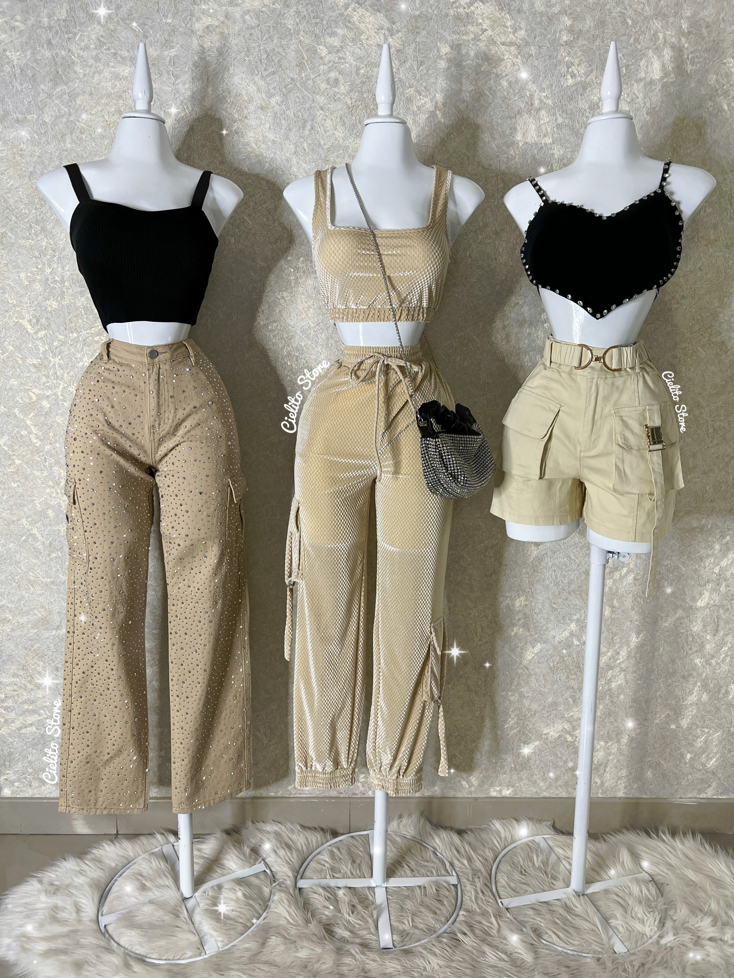 PANTALÓN CAQUI TELA TOTALMENTE DE PEDRERÍA FINA