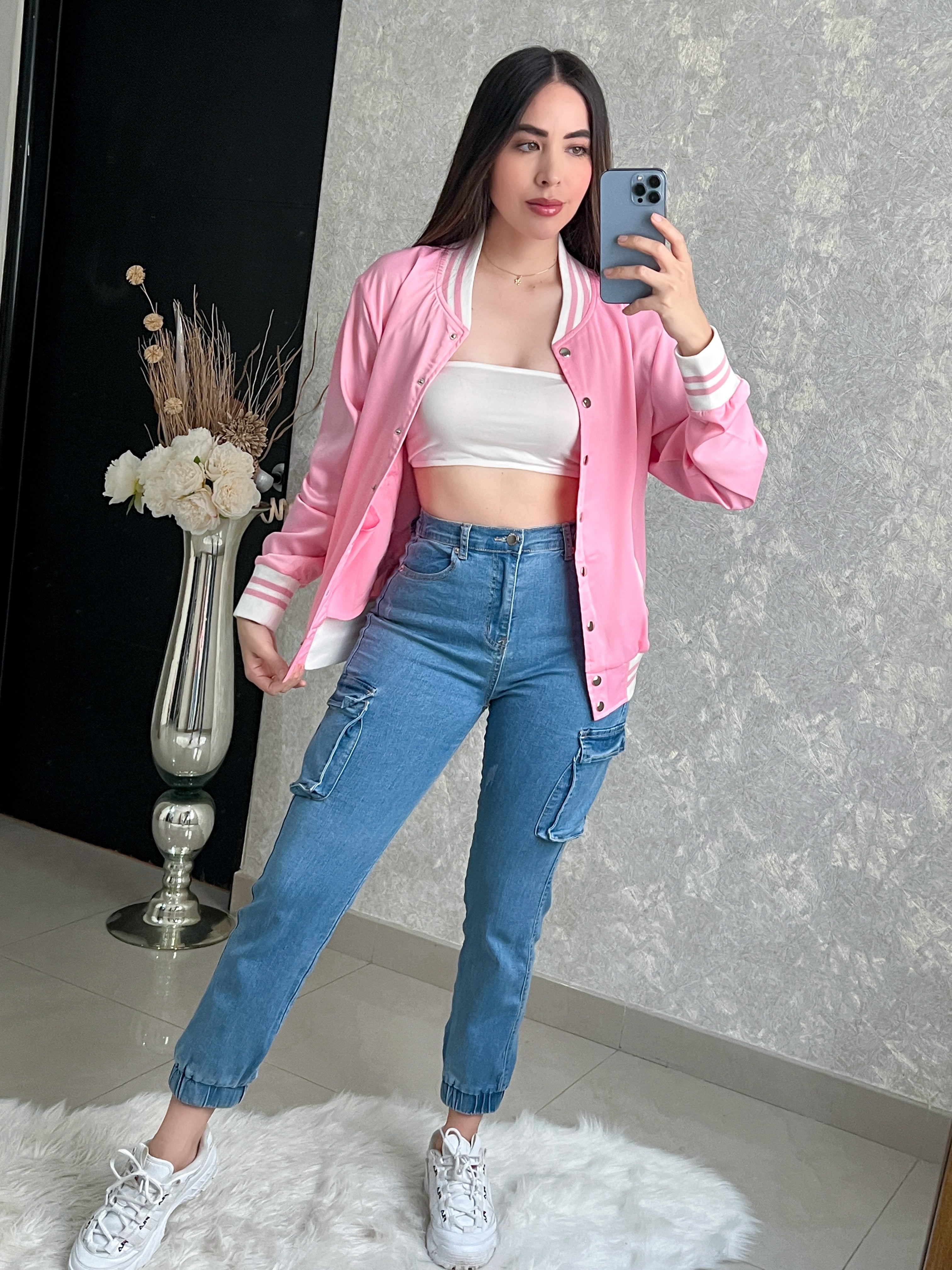 CHAQUETA ROSA CON BLANCO