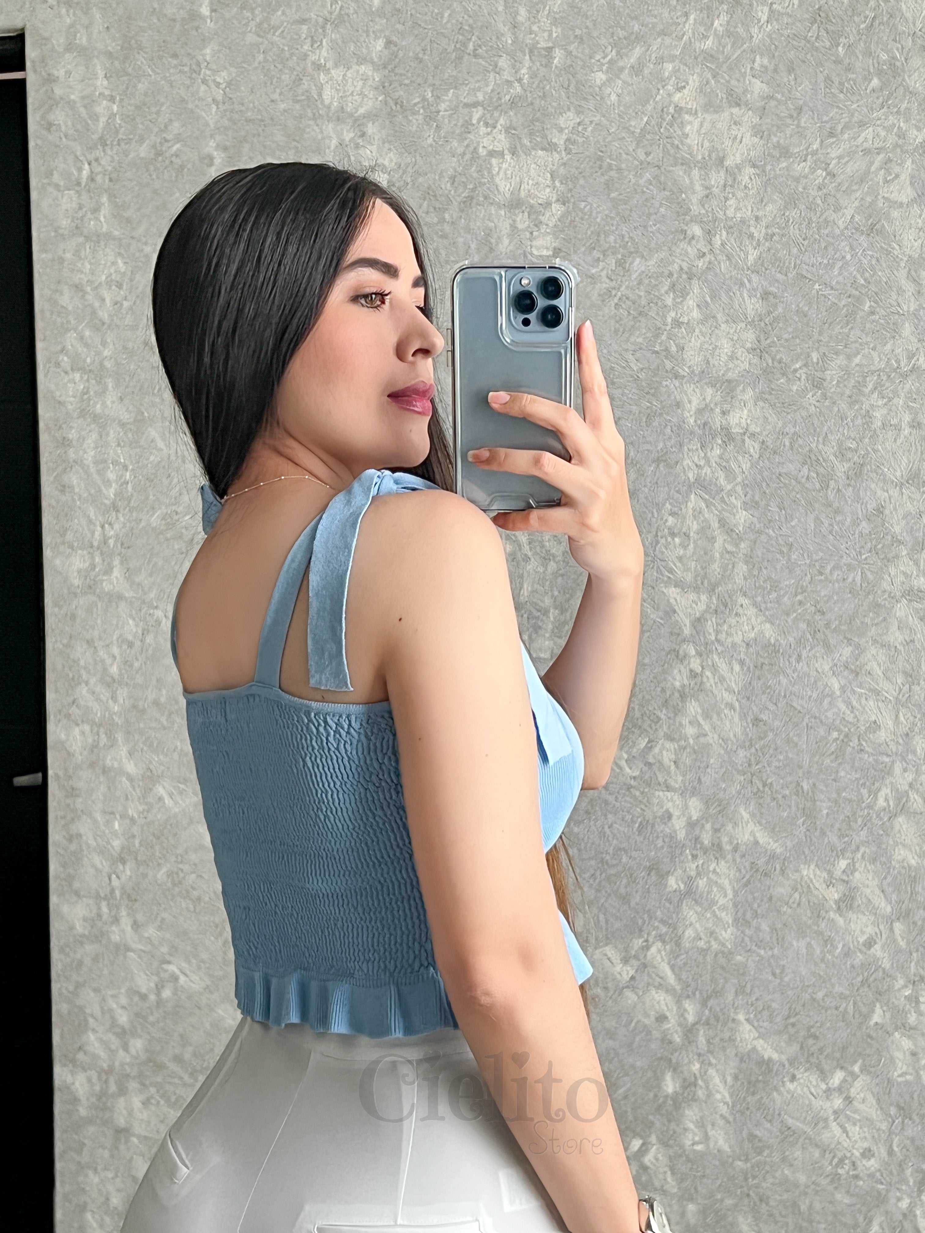 BLUSA AZUL CON LISTONES