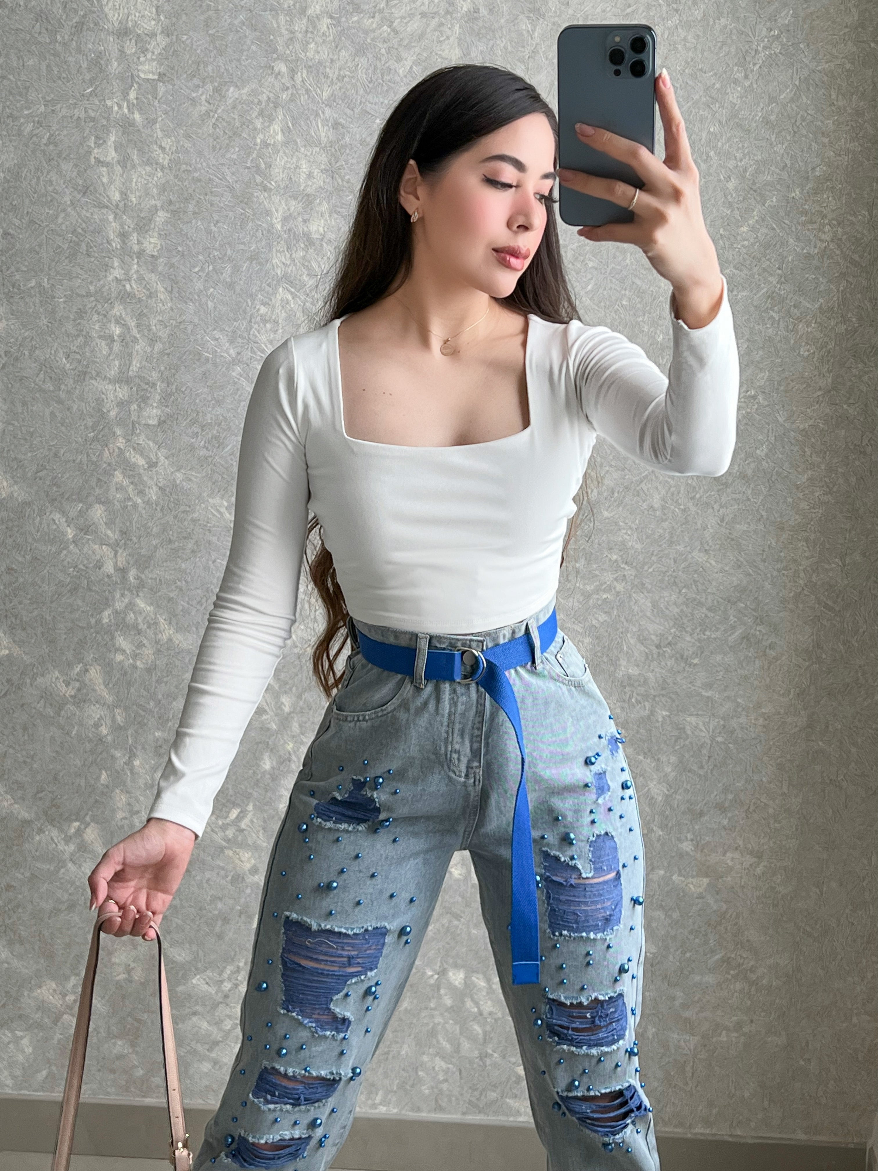 PANTALÓN DENIM PERLAS AZULES Y CINTURÓN