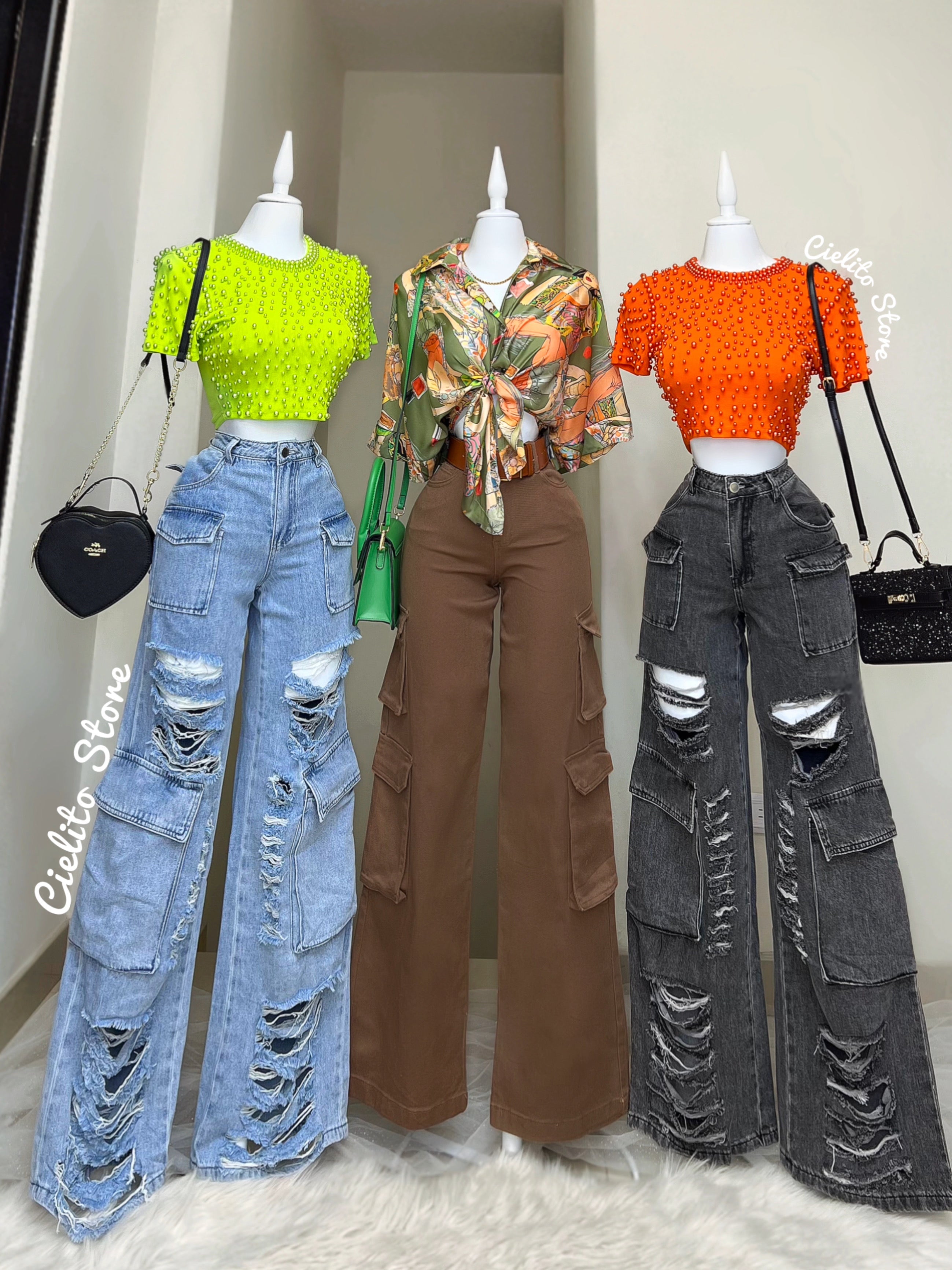 PANTALÓN CARGO MEZCLILLA CAFÉ  TIRO ALTO