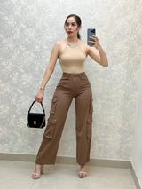 PANTALÓN CARGO MEZCLILLA CAFÉ  TIRO ALTO