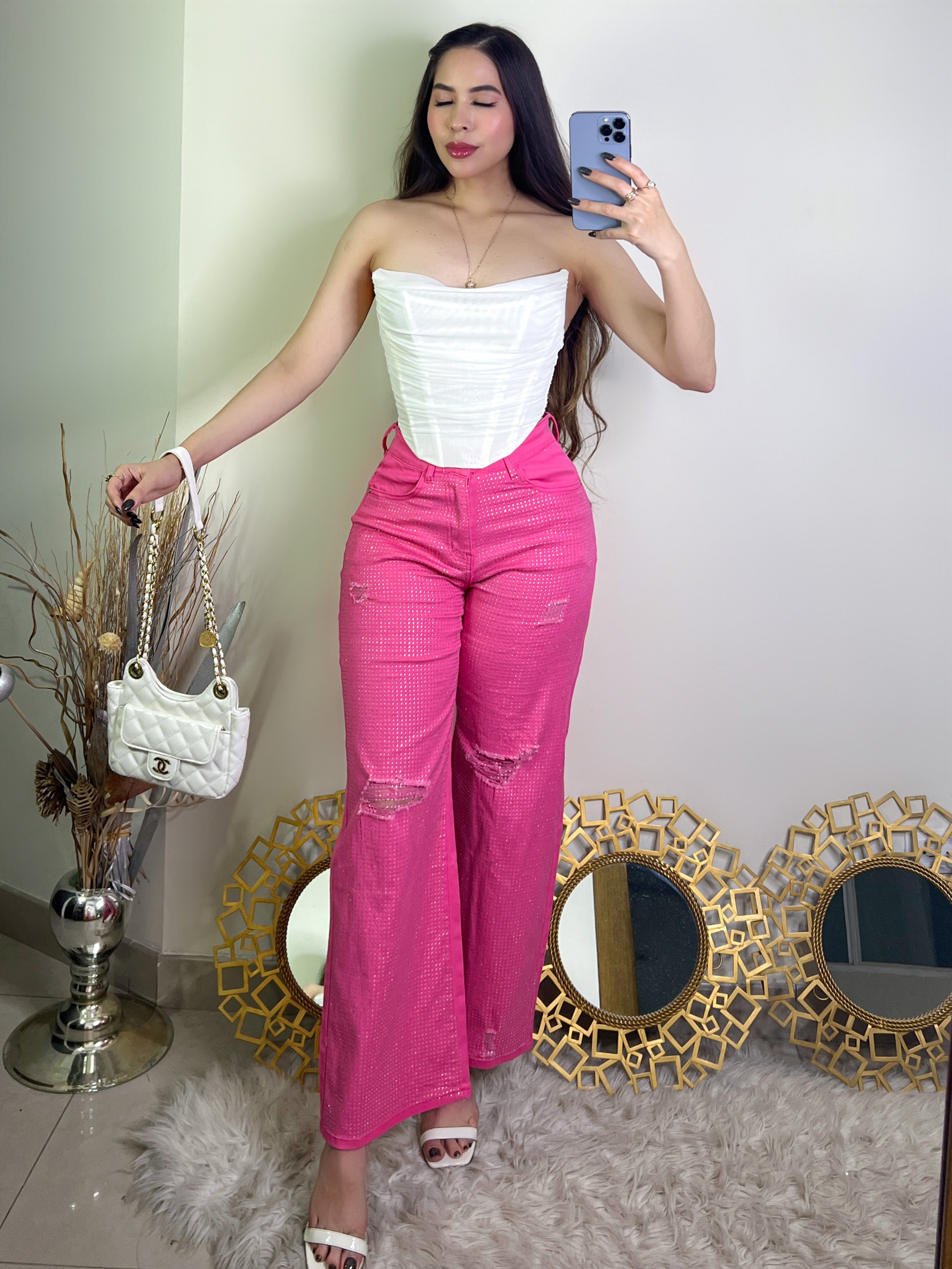 PANTALÓN ROSA PEDRERÍA WIDE LEG
