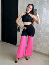 PANTALÓN NEGRO CON VINIPIEL ROSA