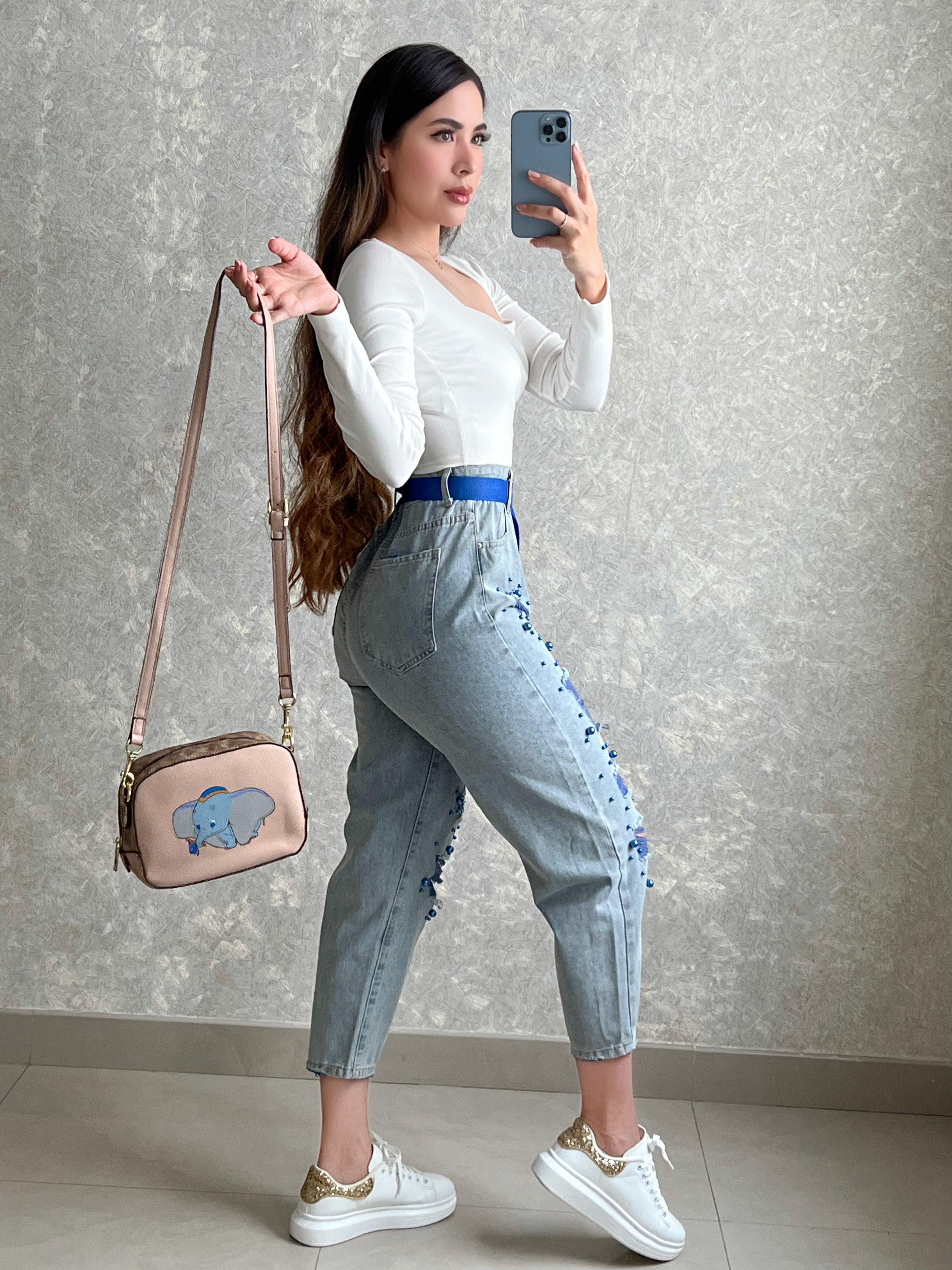 PANTALÓN DENIM PERLAS AZULES Y CINTURÓN