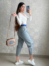 PANTALÓN DENIM PERLAS AZULES Y CINTURÓN