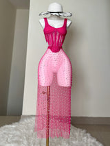 FALDA ROSA DE PERLAS Y PIEDRAS