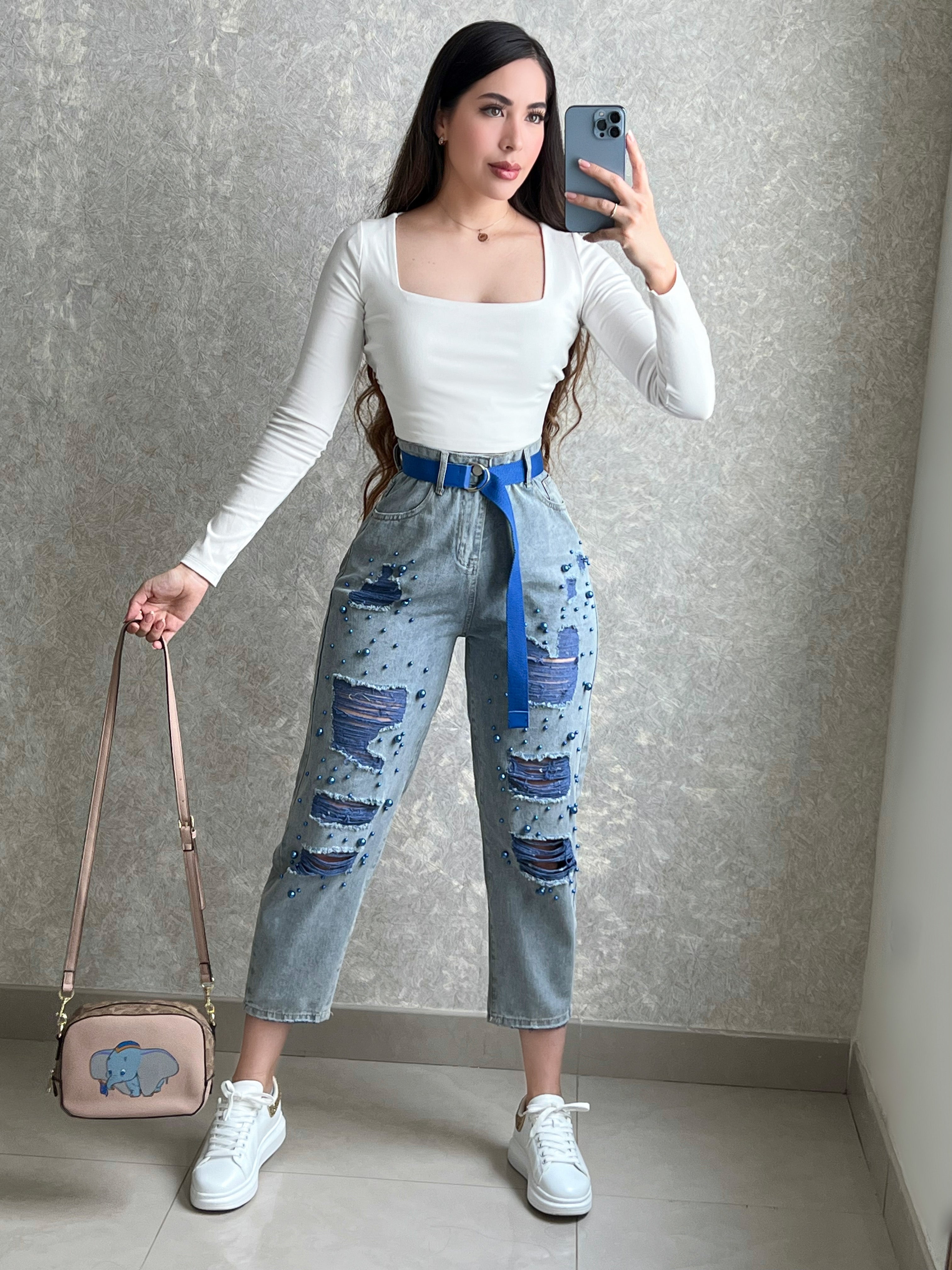 PANTALÓN DENIM PERLAS AZULES Y CINTURÓN