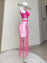 FALDA ROSA DE PERLAS Y PIEDRAS