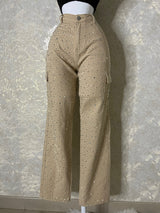 PANTALÓN CAQUI TELA TOTALMENTE DE PEDRERÍA FINA