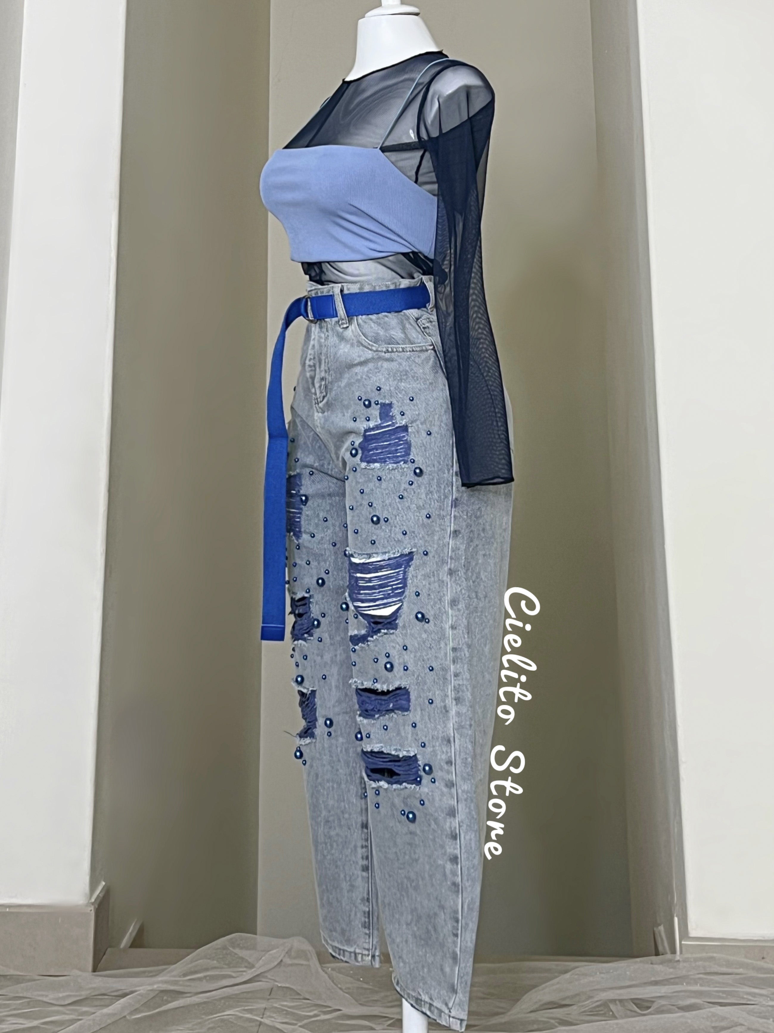 PANTALÓN DENIM PERLAS AZULES Y CINTURÓN