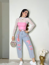 PANTALÓN DENIM PERLAS ROSAS Y CINTURÓN