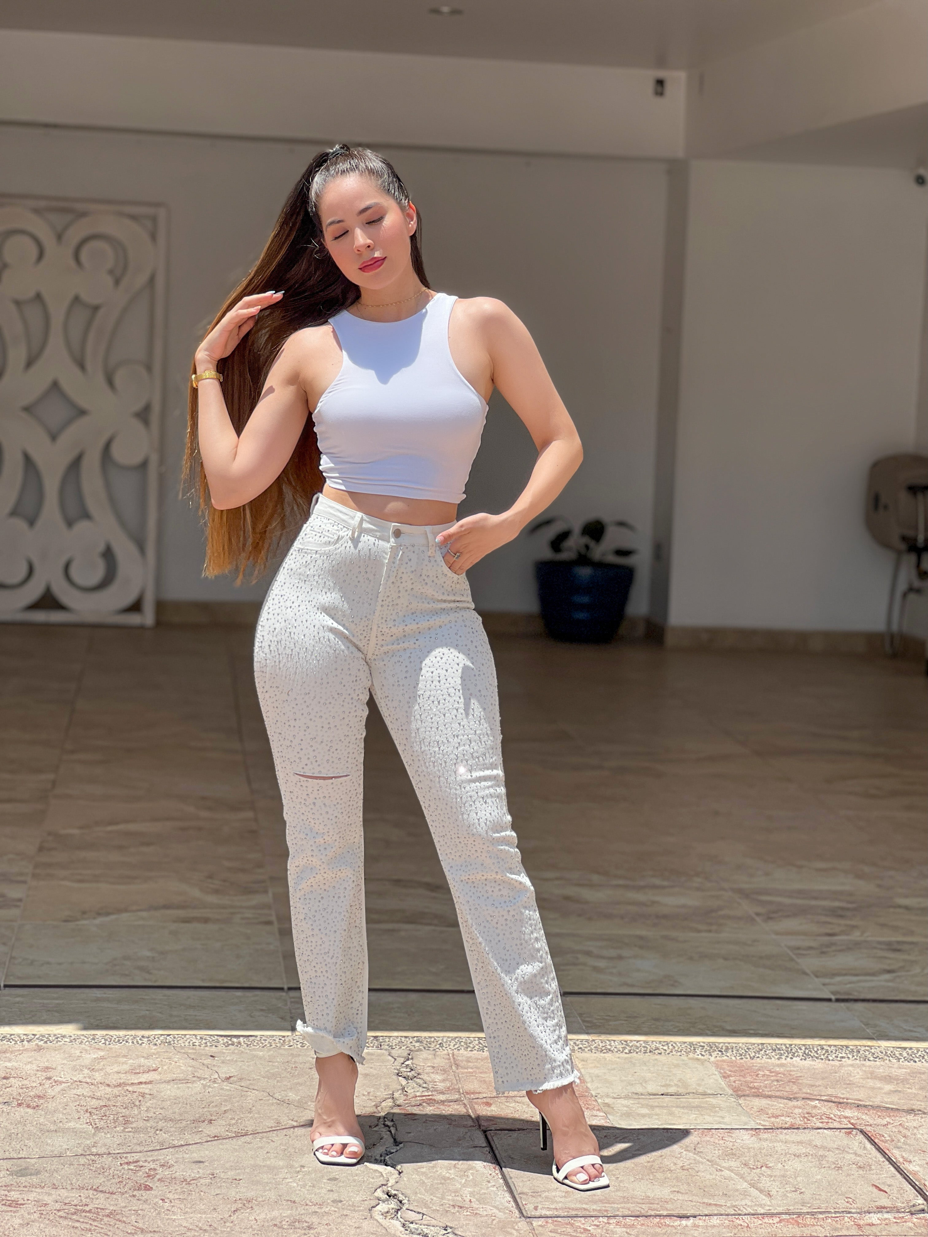 PANTALÓN BLANCO TELA TOTALMENTE DE PEDRERÍA FINA