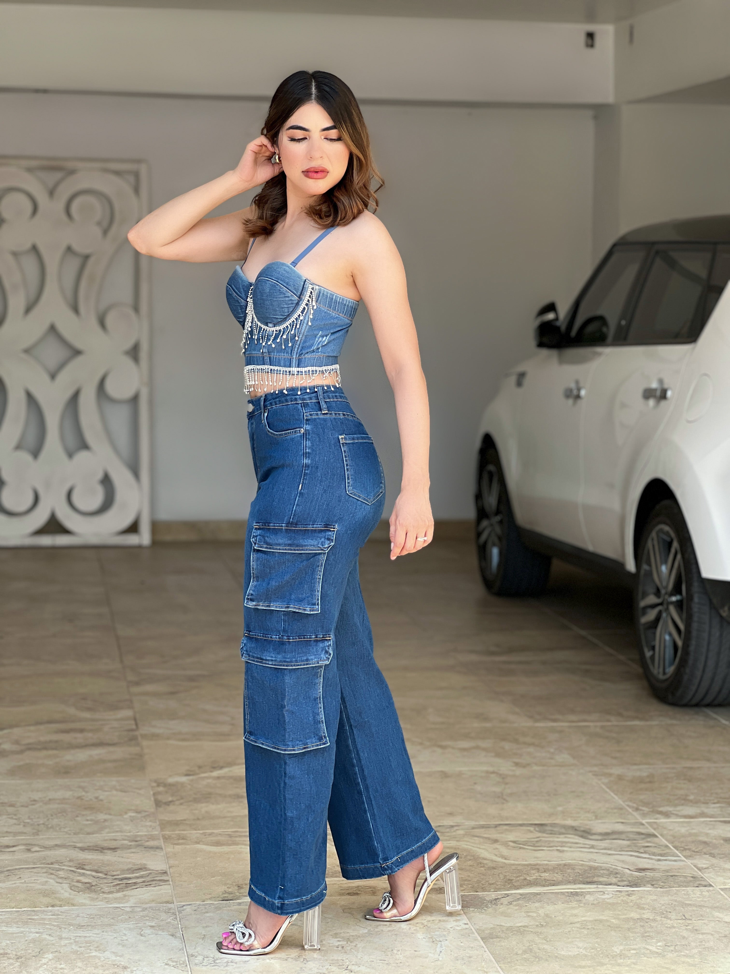 PANTALÓN CARGO MEZCLILLA TIRO ALTO