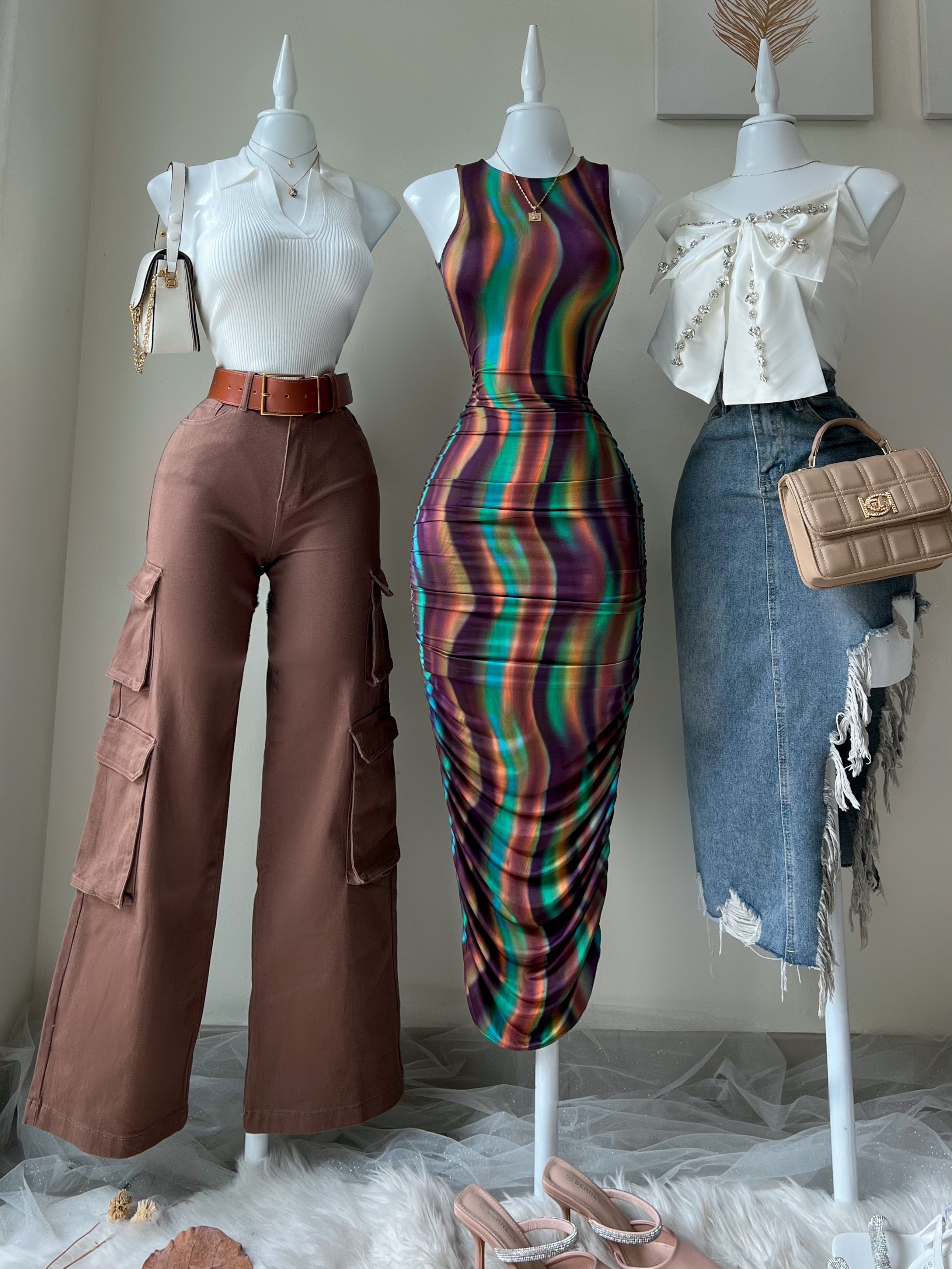 PANTALÓN CARGO MEZCLILLA CAFÉ  TIRO ALTO