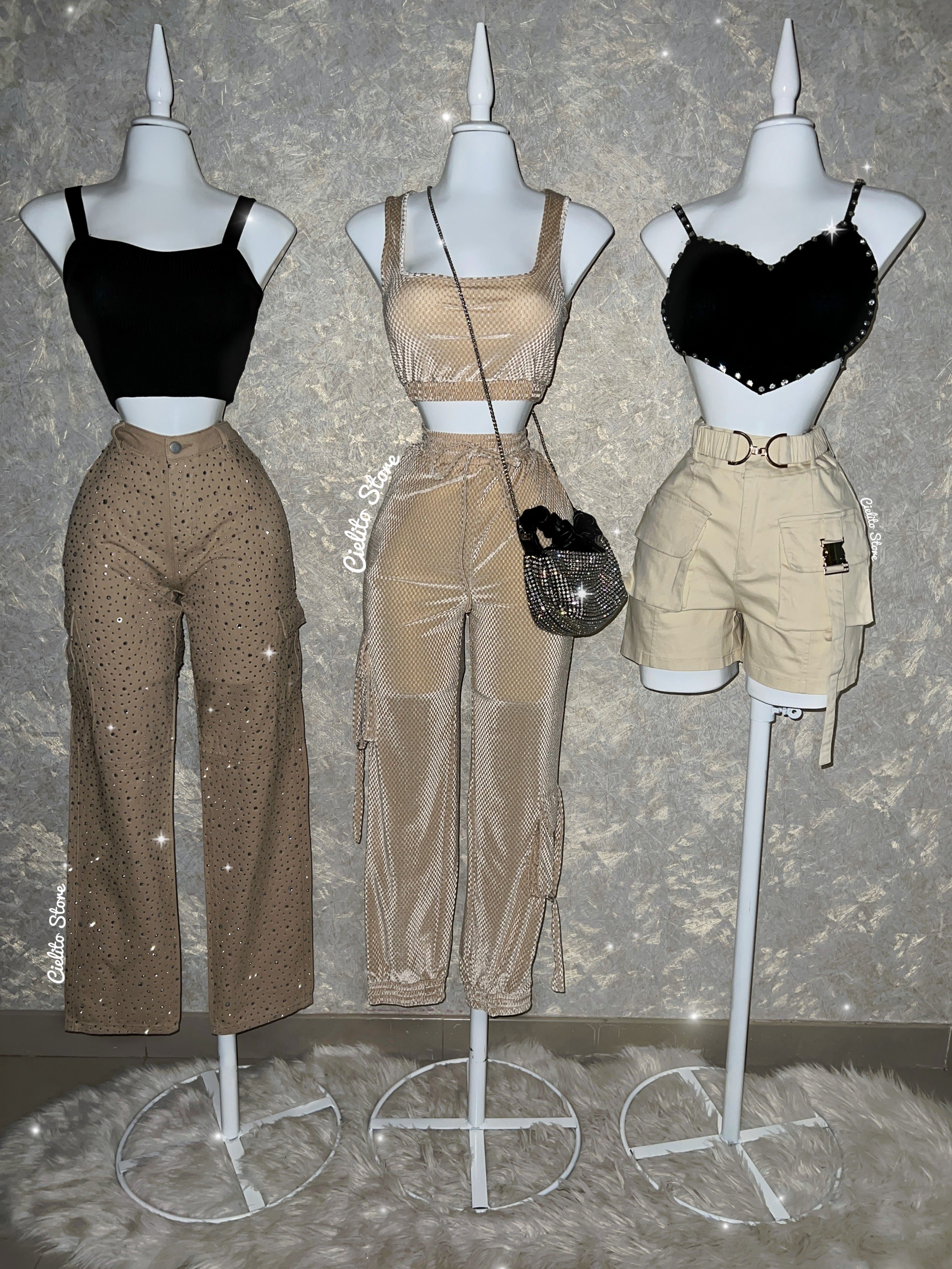 PANTALÓN CAQUI TELA TOTALMENTE DE PEDRERÍA FINA