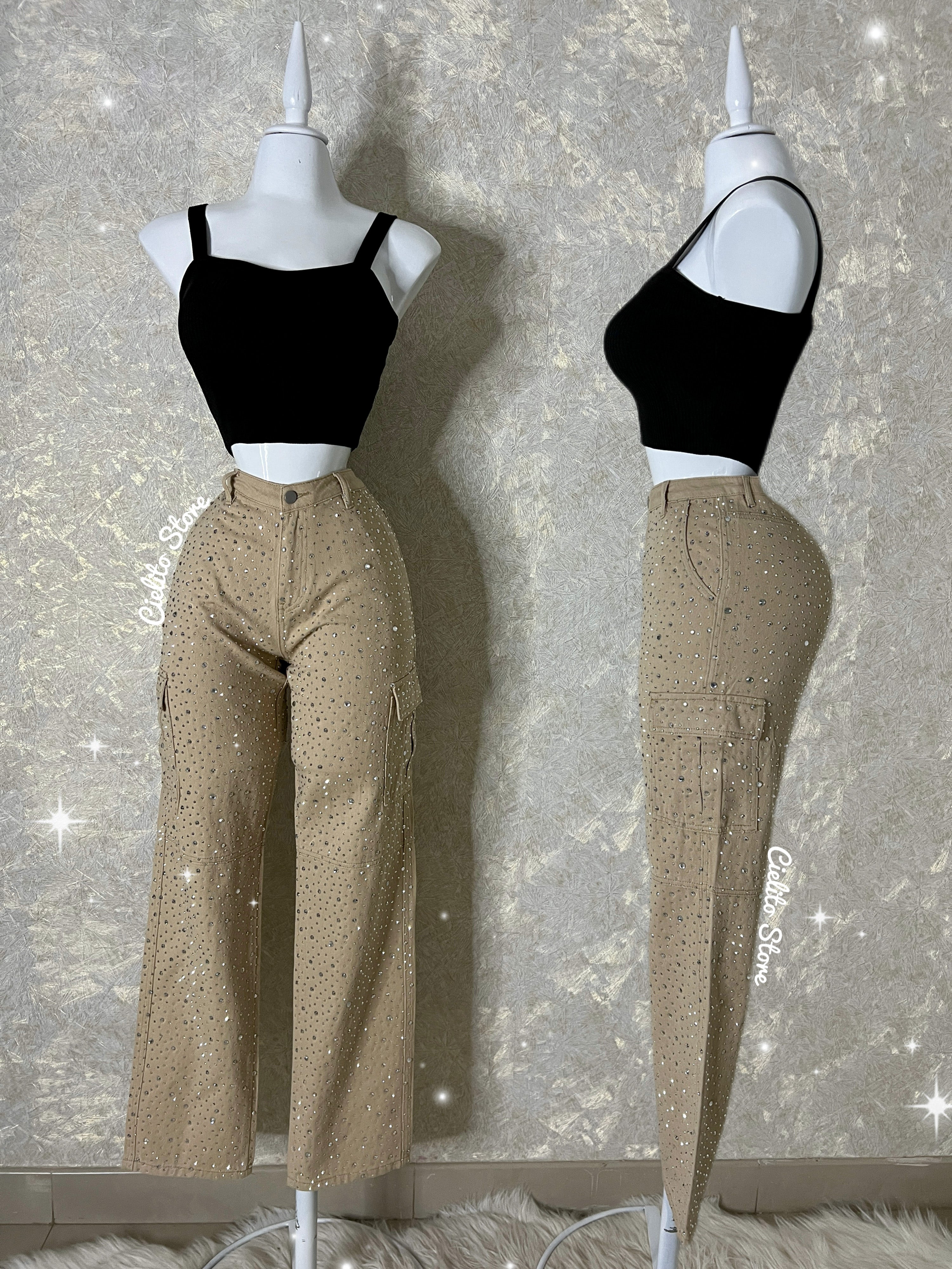 PANTALÓN CAQUI TELA TOTALMENTE DE PEDRERÍA FINA