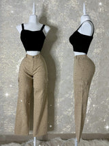 PANTALÓN CAQUI TELA TOTALMENTE DE PEDRERÍA FINA