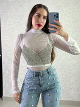 TOP BLANCO CON PERLAS Y PIEDRITAS