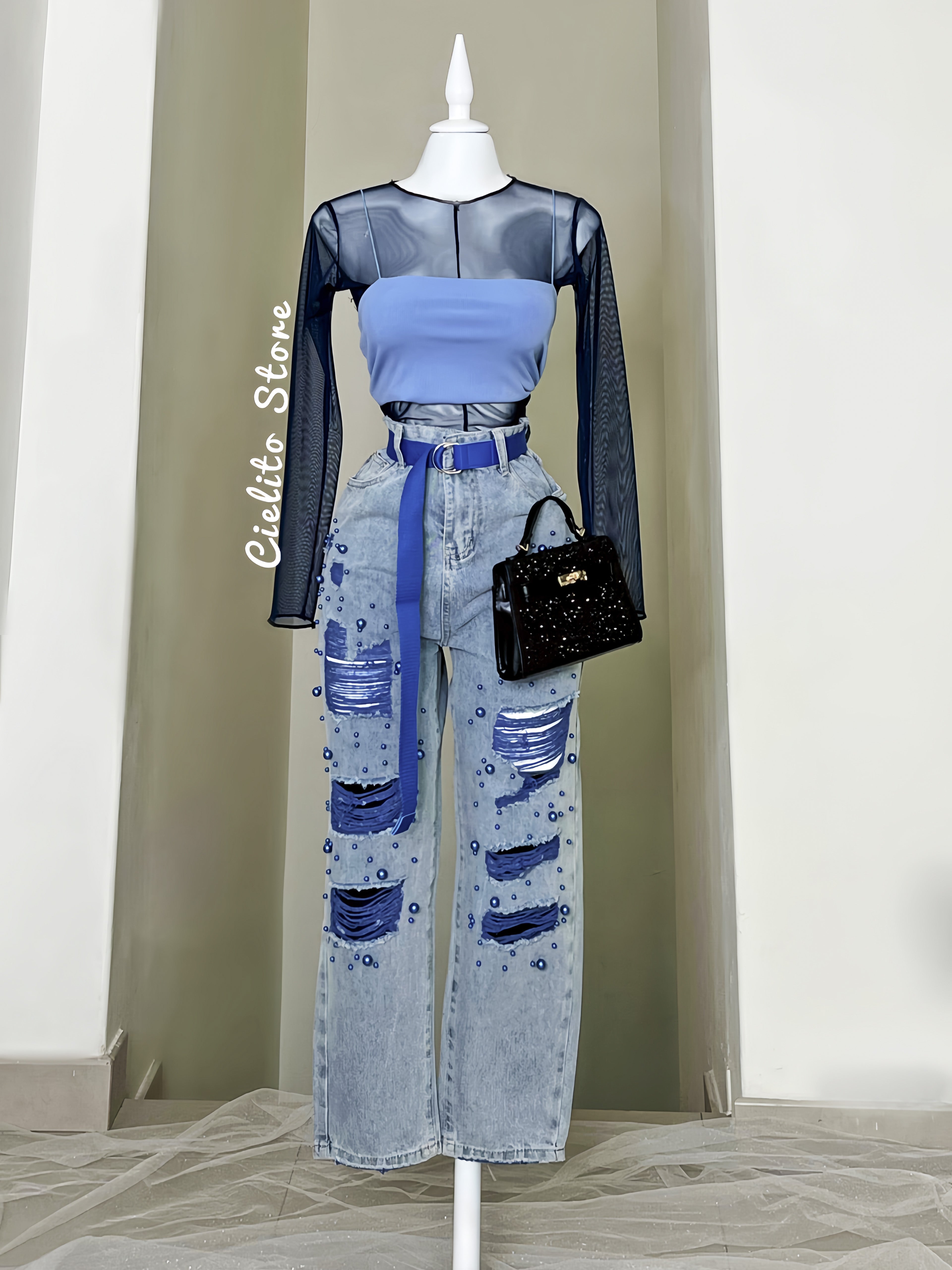 PANTALÓN DENIM PERLAS AZULES Y CINTURÓN