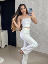 Pantalón blanco de pedrería Wide Leg