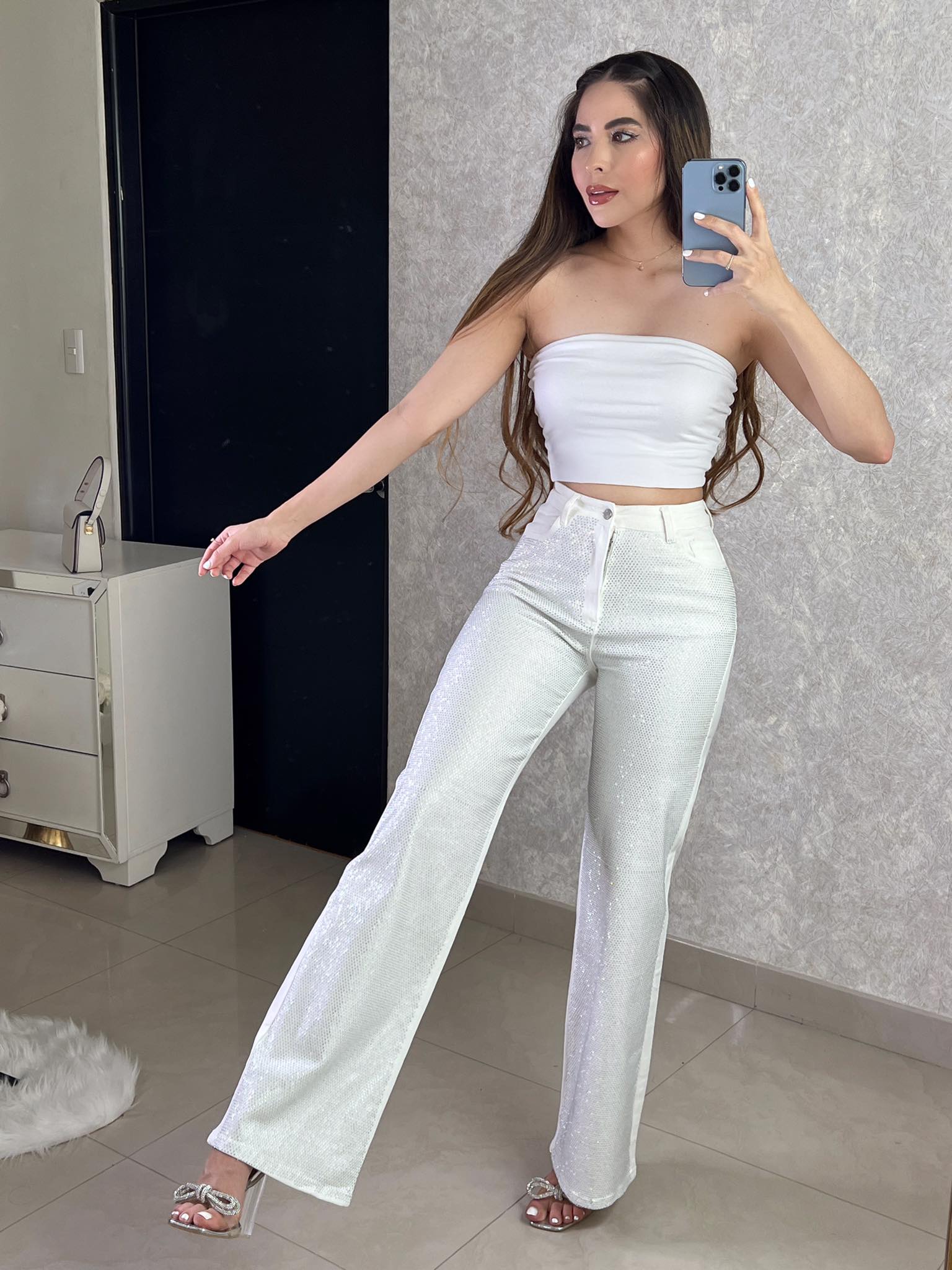 Pantalón blanco de pedrería Wide Leg