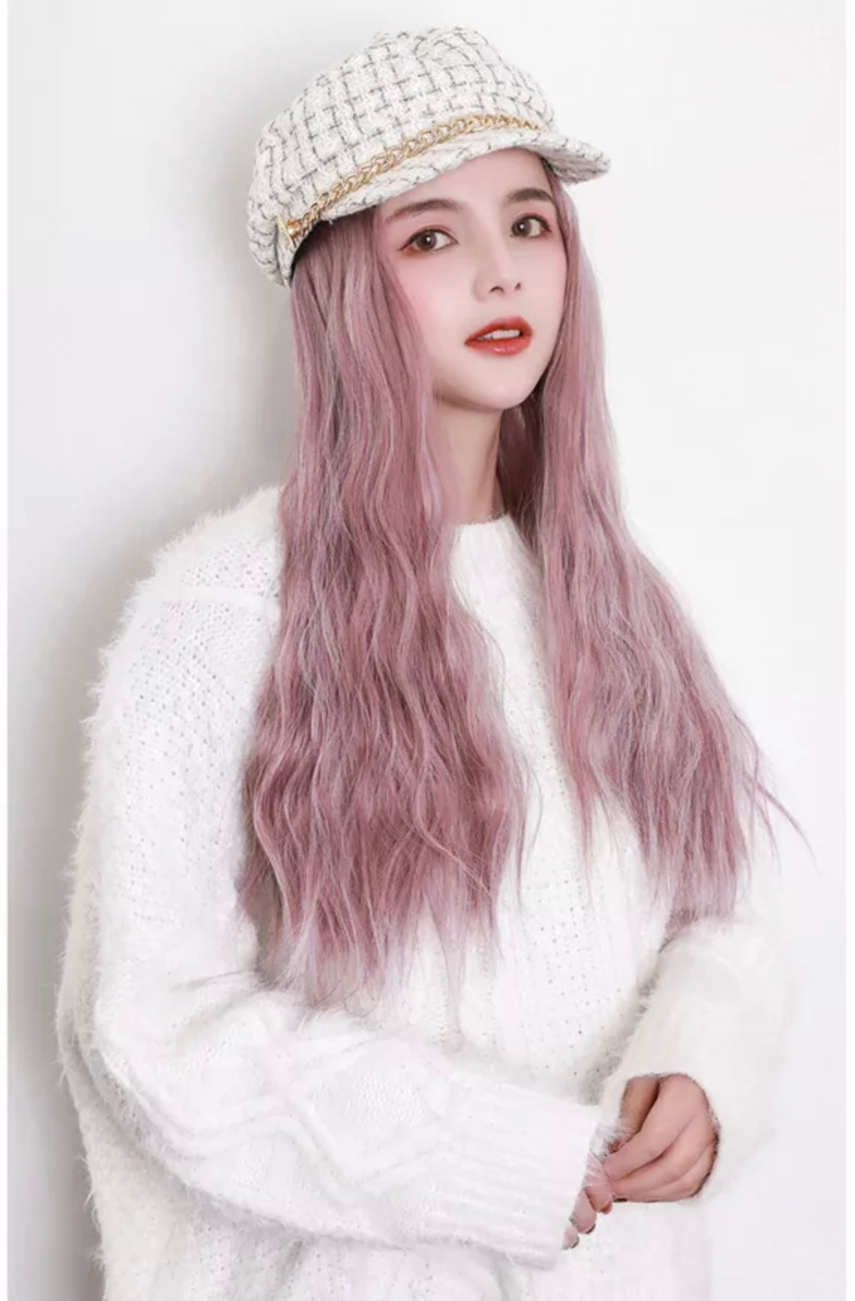 BOINA BLANCA TWEED CON PELUCA ROSA