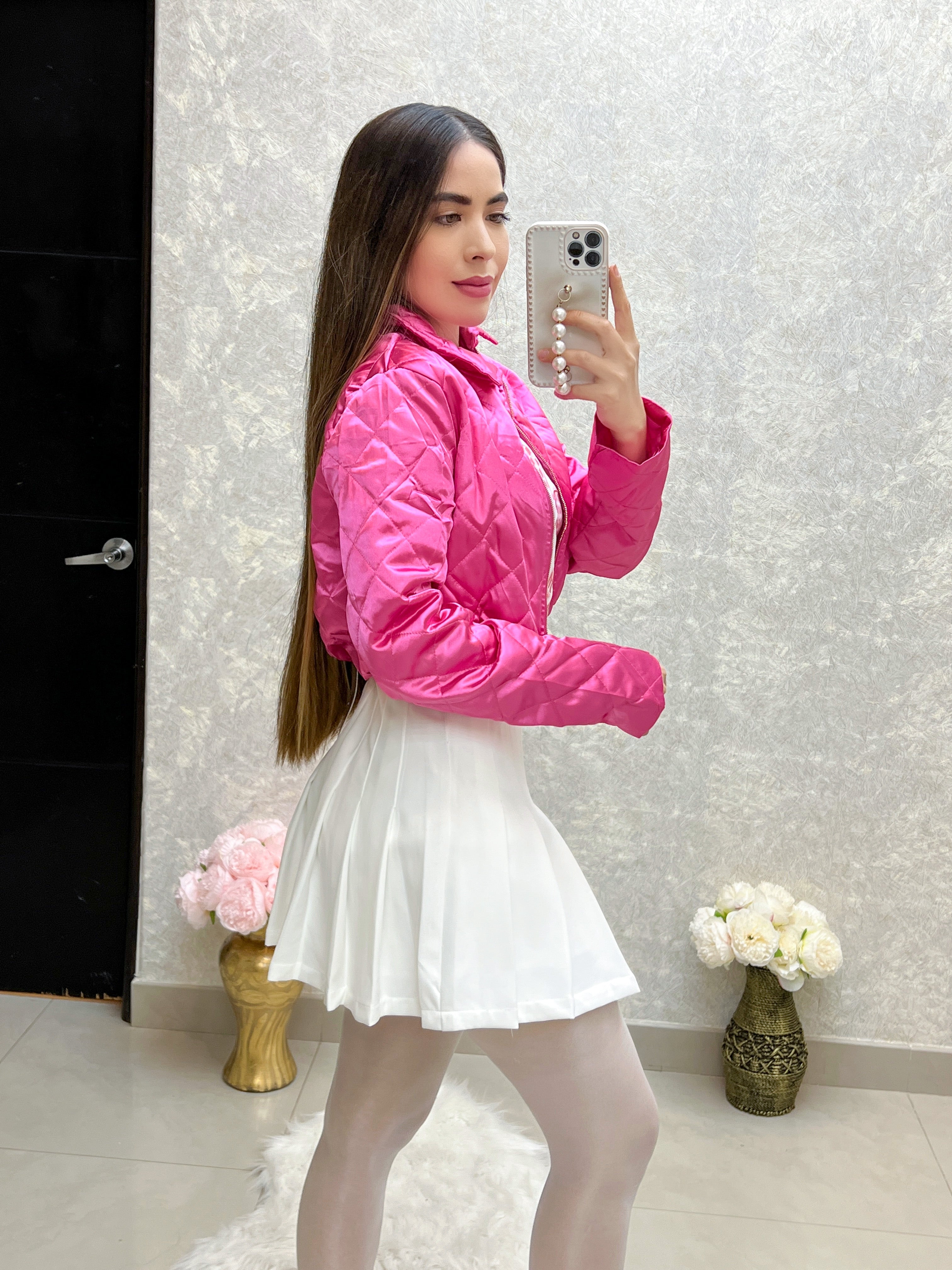 CHAQUETA ROSA CON COSTURAS