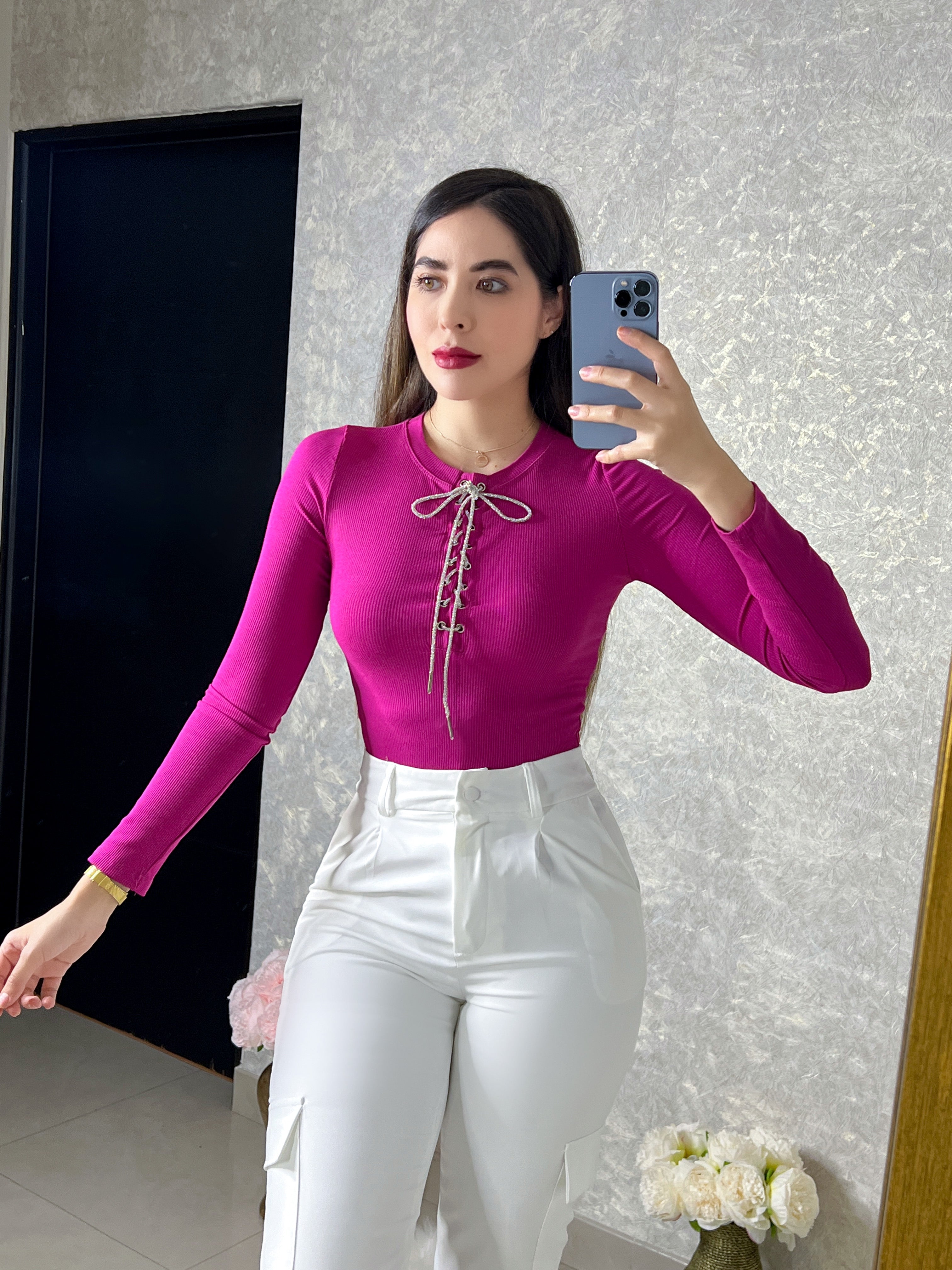 Body rosa con listón de piedritas