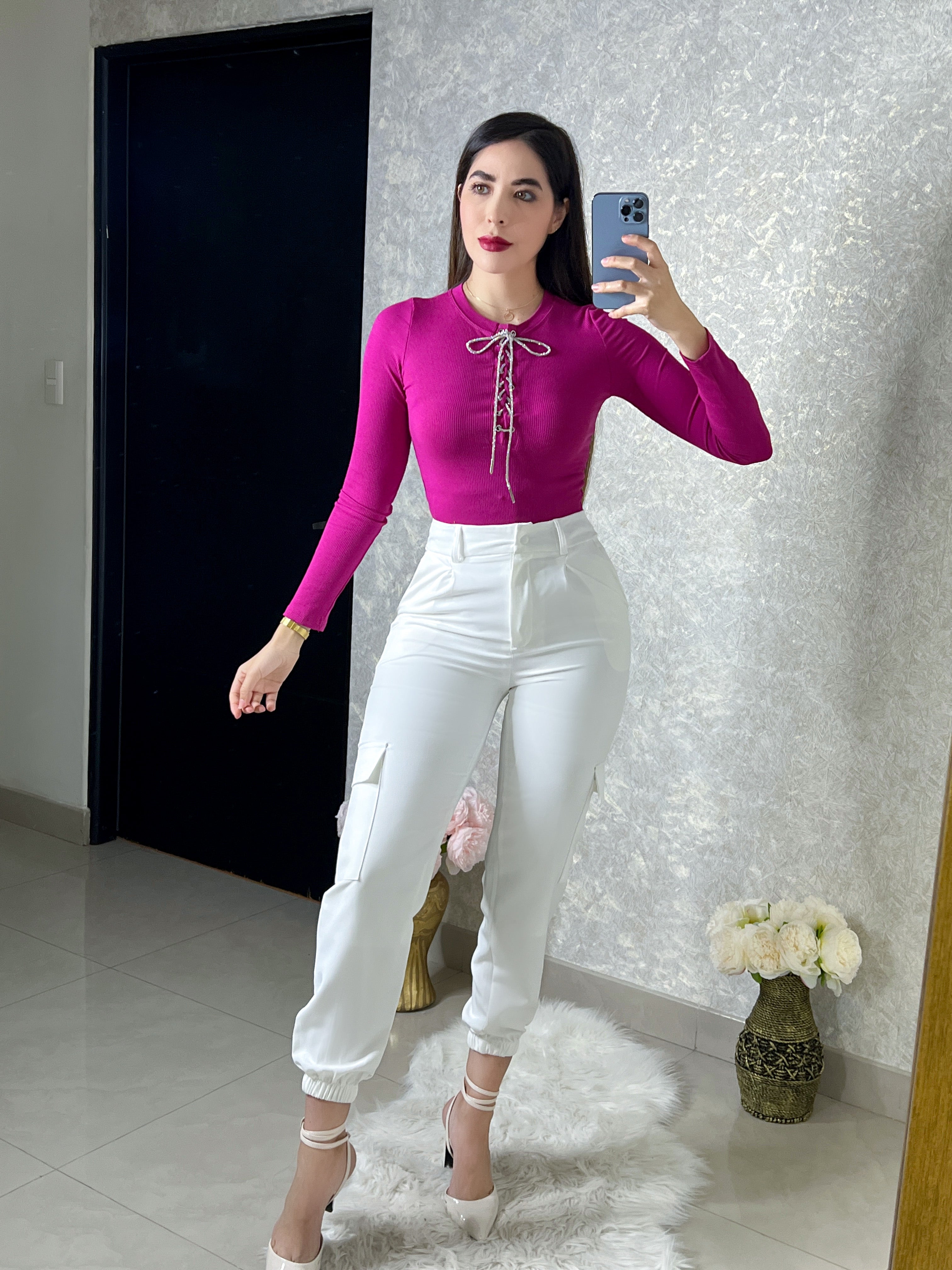 Body rosa con listón de piedritas